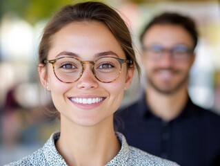 Wall Mural - woman with glasses smiling, man in background