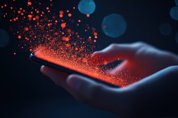 hands holding phone with red particles