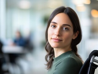 Canvas Print - Woman in Wheelchair Smiling in Modern Office