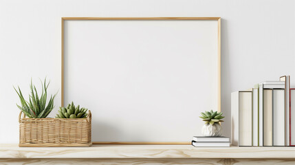 Wall Mural - Home interior poster mock up with horizontal metal frame, succulents in basket and pile of books on white wall background. 3D rendering.