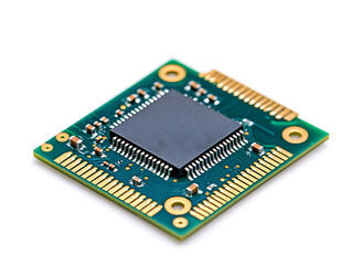 Poster - Closeup of a microchip on a green circuit board.  A powerful image representing technology, innovation, and the digital age.