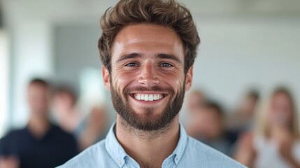 Wall Mural - smiling man with beard in front of group