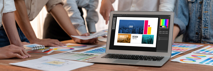 Fototapete - Graphic designer software for modern design of web page and commercial brisk ads showing on the computer screen