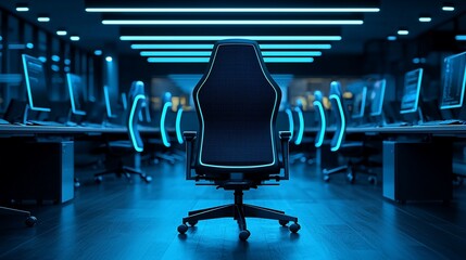 Aufkleber - Empty gaming chair in esports arena, blue lighting, teamwork