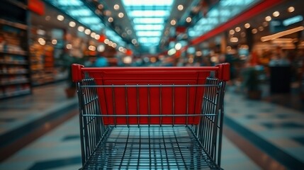 Canvas Print - Empty shopping cart in supermarket aisle, blurred shoppers