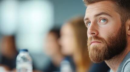 Sticker - man with beard looking pensive at a meeting