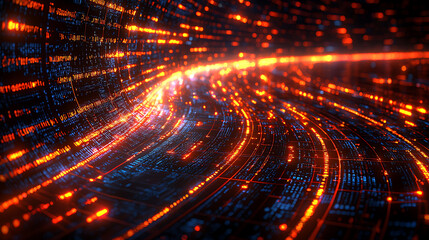 Poster - Abstract digital data stream flowing in a curved path. Glowing orange and blue lines depict rapid information transfer, perfect for tech, AI, or futuristic concepts.