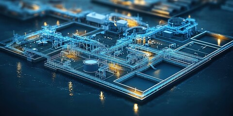 Poster - Industrial complex at night with illuminated infrastructure, showcasing advanced technology and design