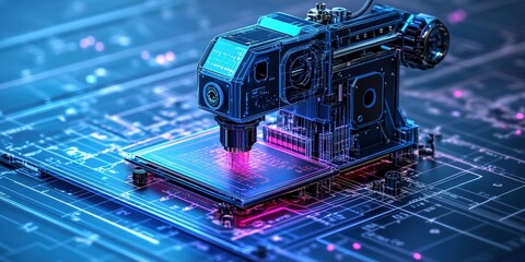 Poster - Advanced technology machine assembling intricate circuits on a futuristic circuit board in a modern setting
