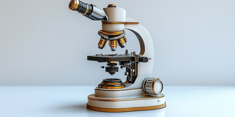 Poster - Modern laboratory microscope positioned on a clean surface under bright light showcasing its intricate components