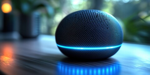 Poster - Smart speaker on a wooden table with soft lighting creating a cozy ambiance in a modern living space