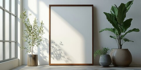 Poster - Minimalist interior with empty frame, potted plants, and natural light creating a serene atmosphere in a modern space