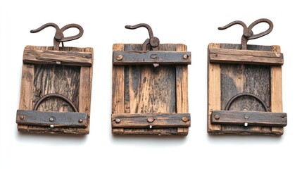 antique wooden wall plates, three, isolated on white. possible use for interior decor