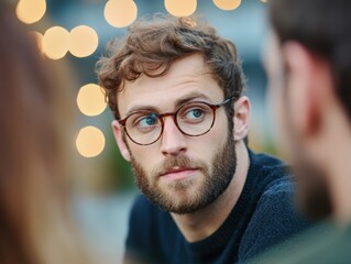 Wall Mural - man with glasses listening to conversation