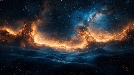 Poster - Fiery nebula over dark planet, cosmic landscape, space scene; science fiction background