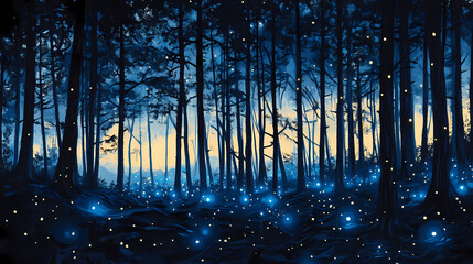 Wall Mural - Mystical forest bathed in bioluminescent light, where ancient trees glow softly under the starlit sky in a serene woodland. Starlit Bioluminescence. Illustration