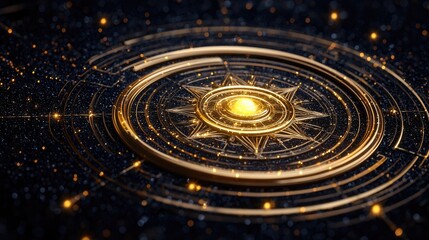 Poster - Spinning golden mandala digital art abstract design cosmic environment close-up view spiritual concept