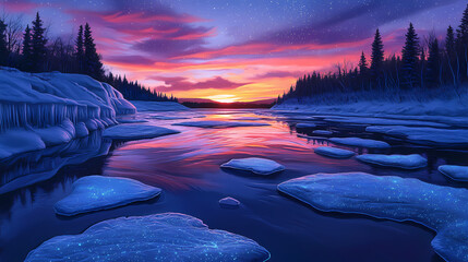 Wall Mural - Serene twilight landscape featuring a vibrant river reflecting a colorful sunset, with ice formations glowing with bioluminescence under a starlit sky. Starlit Bioluminescence. Illustration