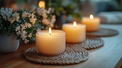 Wall Mural - Soft candlelight warms a cozy table adorned with fresh flowers in a serene setting