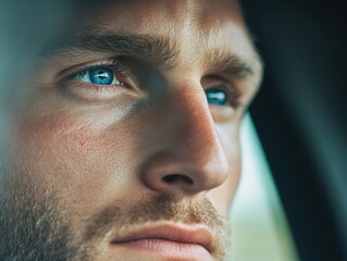 Wall Mural - close up of a man's face with blue eyes