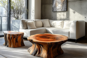 Tree stump coffee tables and white corner sofa in room with concrete wall and cement column. Loft, minimalist interior design of modern living room, home.