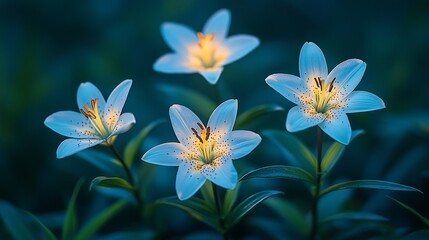 Canvas Print - Four white lilies illuminated at dusk, garden background, nature photography