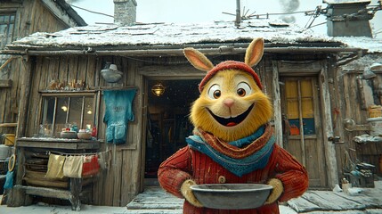 Poster - Friendly rabbit holding bowl, snowy village backdrop, winter scene, holiday greeting card