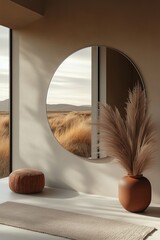 Poster - Interior design featuring a round mirror and decorative elements with a scenic view at sunset