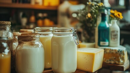 Wall Mural - Fresh dairy products and cheese displayed on a rustic wooden table in a cozy shop setting