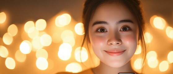 Wall Mural - young woman smiles with holiday lights bokeh