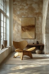 Wall Mural - Natural light illuminates a minimalist interior living space with wooden furniture and earthy tones