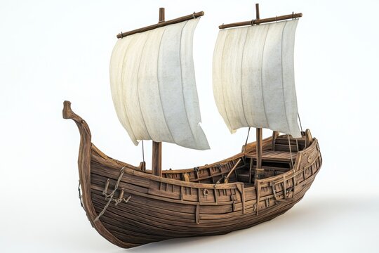 Wooden sailing ship model,  isolated white background,  3D render,  illustration