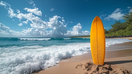 Wall Mural - Bright yellow surfboard stands on sandy beach with waves crashing under clear blue sky