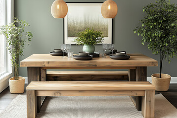 Farmhouse, country, boho, rustic home interior design of modern dining room. Dining set with wooden bench.