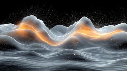 Poster - Glowing orange lines across a white, wavy landscape against a black background; abstract digital art