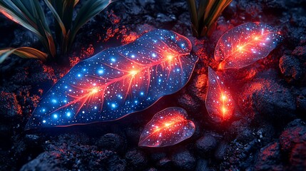 Poster - Glowing leaves on volcanic soil, cosmic texture, fantasy background, nature artwork