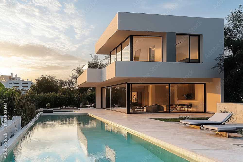 Exterior of modern minimalist cubic villa with swimming pool at sunset.