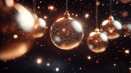 Poster - Golden Christmas ornaments hanging, sparkling background, festive season greeting card