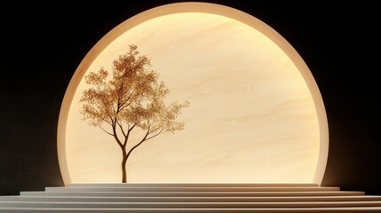 Poster - Elegant tree silhouette against a warm circular backdrop minimalist design indoor setting artistic perspective
