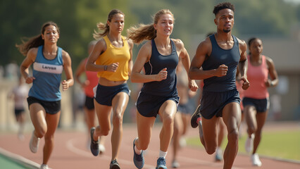 Wall Mural - Mixed-gender relay race team. Multi-racial athletes in sports. Differently-abled athletes competing together. Inspiring teamwork and unity in sports.