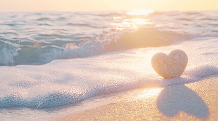 Wall Mural - Heart-Shaped Stone on Sandy Beach with Gentle Ocean Waves Behind