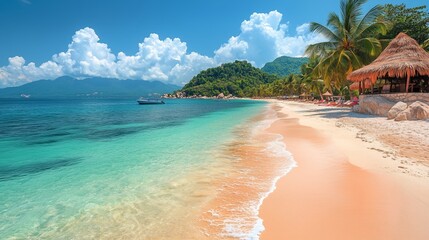 Wall Mural - Serene beach view with turquoise water and palm trees under a clear sky