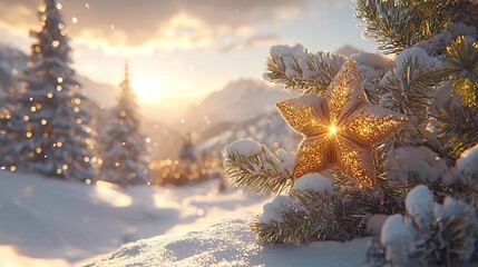 Poster - Golden star on snowy tree, sunset mountain view, winter holiday card