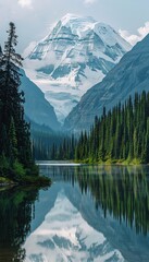 Wall Mural - Stunning panoramic view of snow capped rocky mountains reflecting in a serene lake at sunrise