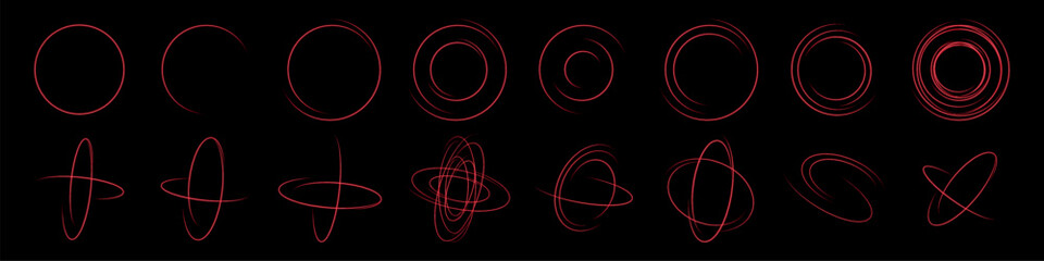 Aufkleber - Collection of glowing red neon swirl effects on a black background, representing dynamic motion, futuristic energy, and abstract light trails. Ideal for sci-fi, digital design, motion graphics