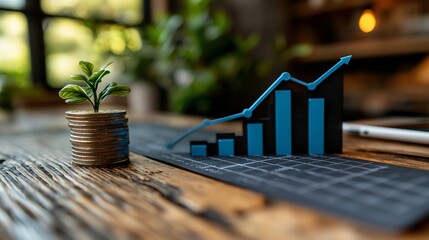 Poster - Growth chart and coins on desk, office background