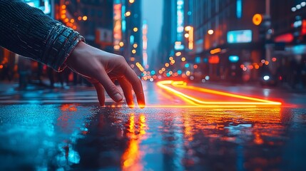 Aufkleber - Hand touches neon city street, rain reflects light, urban background, futuristic concept