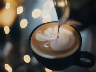 Pouring milk in espresso coffee