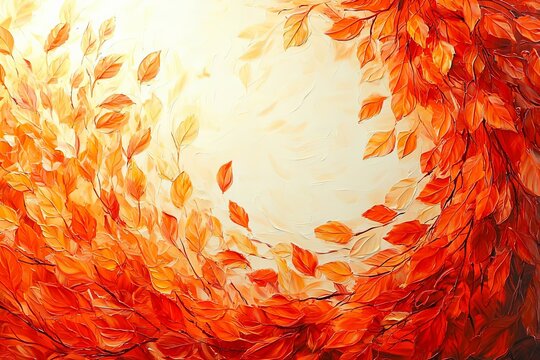Hand-painted circular frame of autumn leaves in warm orange and red tones.