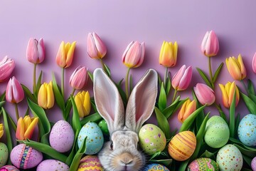 Overhead view of cute rabbit ears emerging from nest of vibrant Easter eggs and tulips against soft purple background.